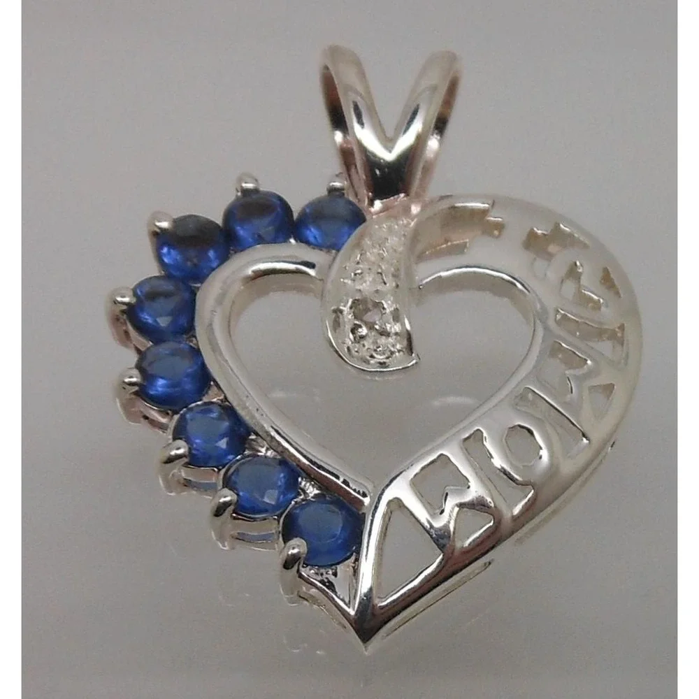 Vintage 1990's Beautiful Sterling Silver I Love Mom Necklace Pendant Sapphire CZ